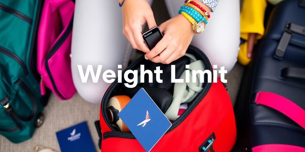 Traveler weighing carry-on luggage with essentials nearby.