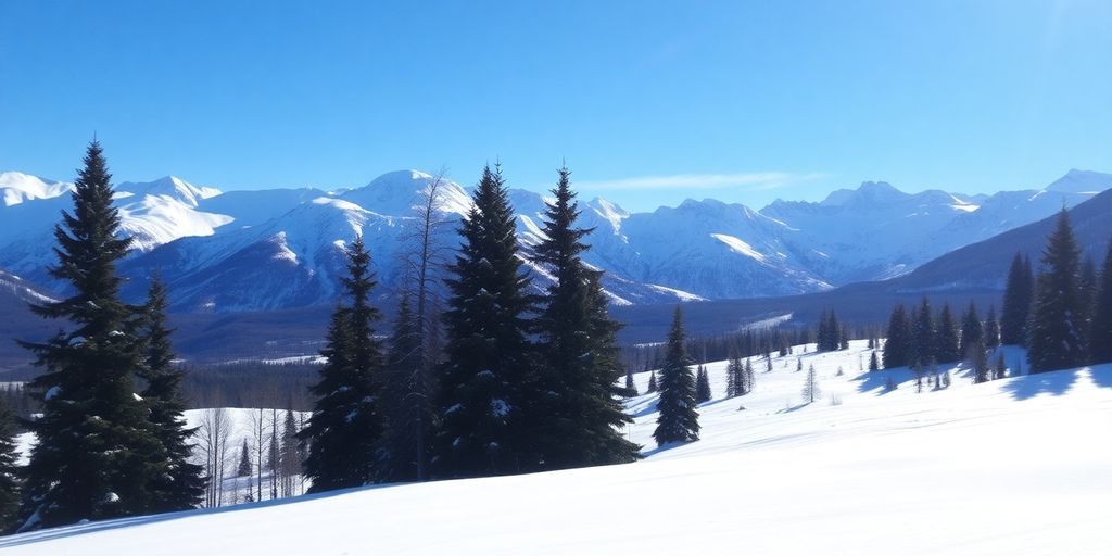 Snowy Alaskan landscape with mountains and evergreen trees.