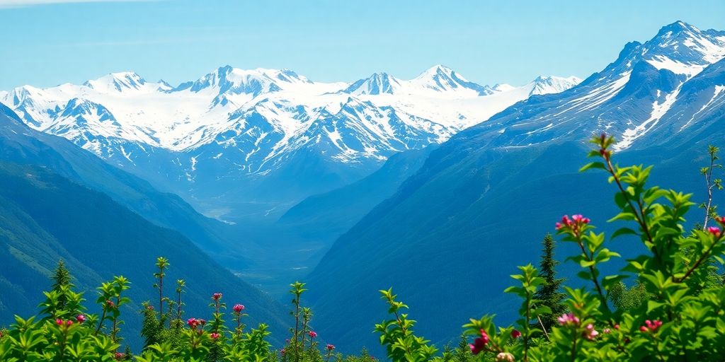 Snowy Alaskan mountains with summer greenery in foreground.