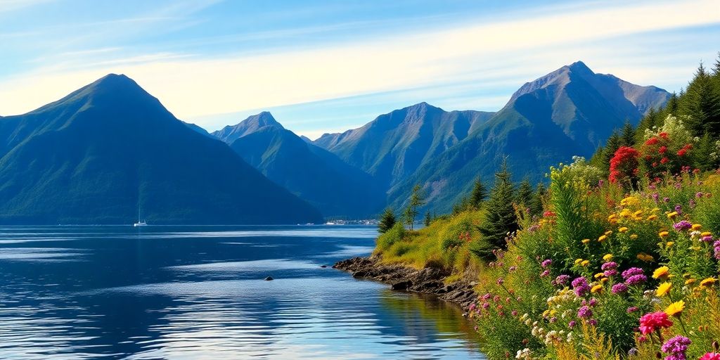 Juneau, Alaska's picturesque landscape with mountains and water.