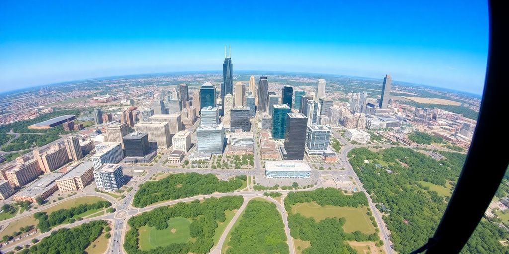 Aerial view of Dallas skyline from a helicopter ride.