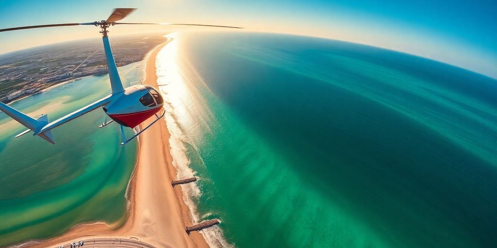 A helicopter flying over Destin's beautiful coastline.