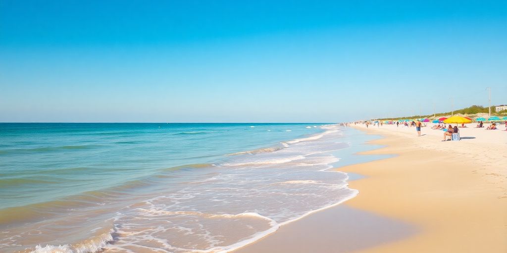 Galveston beach with clear skies and turquoise waters.