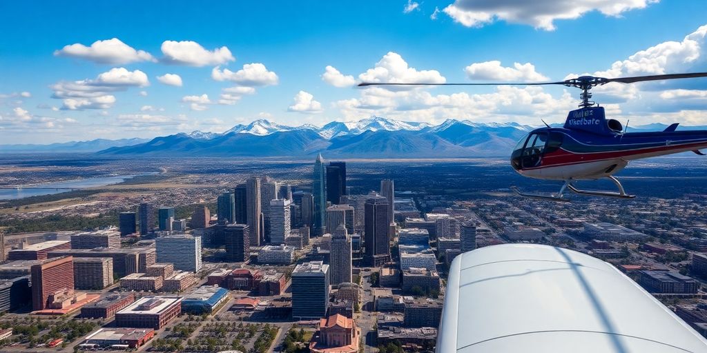 Helicopter flying over Denver skyline and mountains.