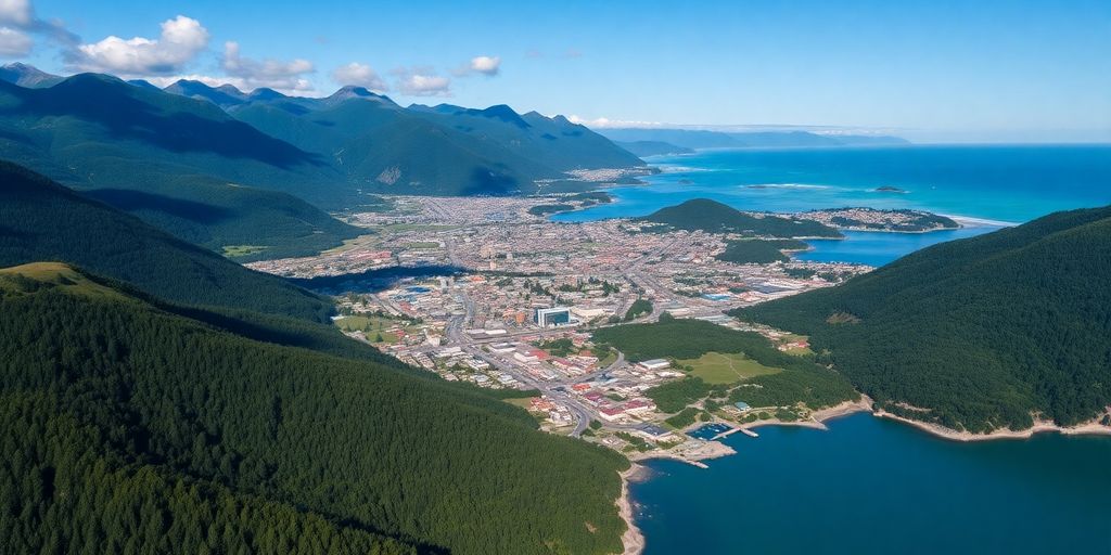 Aerial view of Juneau, Alaska with mountains and ocean.