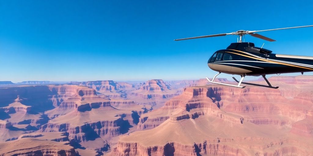 Helicopter flying over the Grand Canyon landscape.