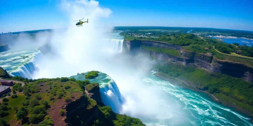 Helicopter flying over the majestic Niagara Falls.