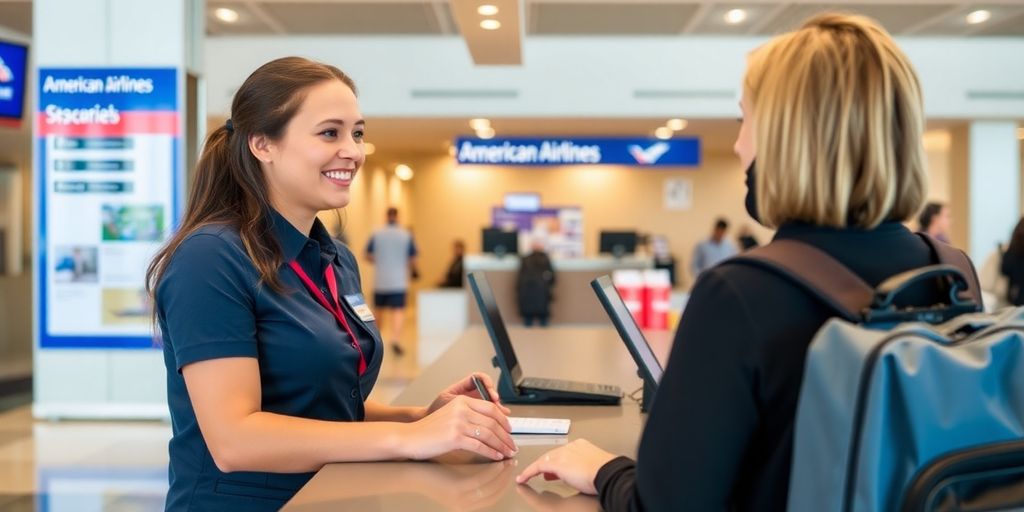 Customer service agent helping a traveler at airport desk.