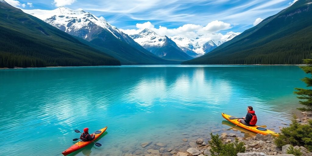 Breathtaking Alaska landscape with mountains and clear lake.