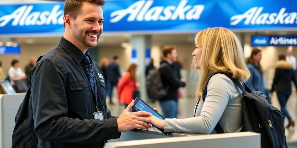Alaska Airlines agent assisting a traveler at the airport.