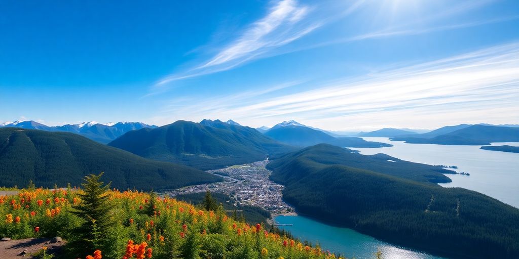 Aerial view of Girdwood, Alaska with mountains and water.