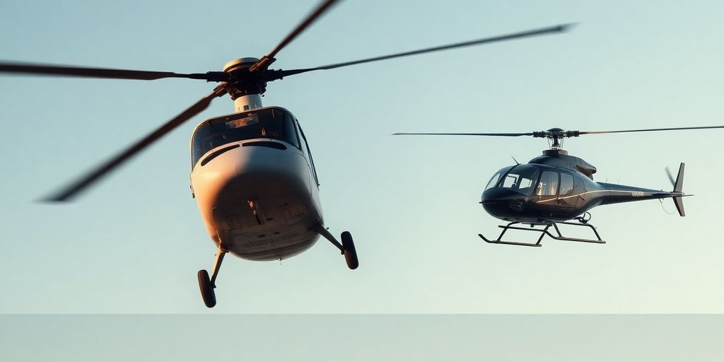 Vintage and modern helicopters in flight against blue sky.