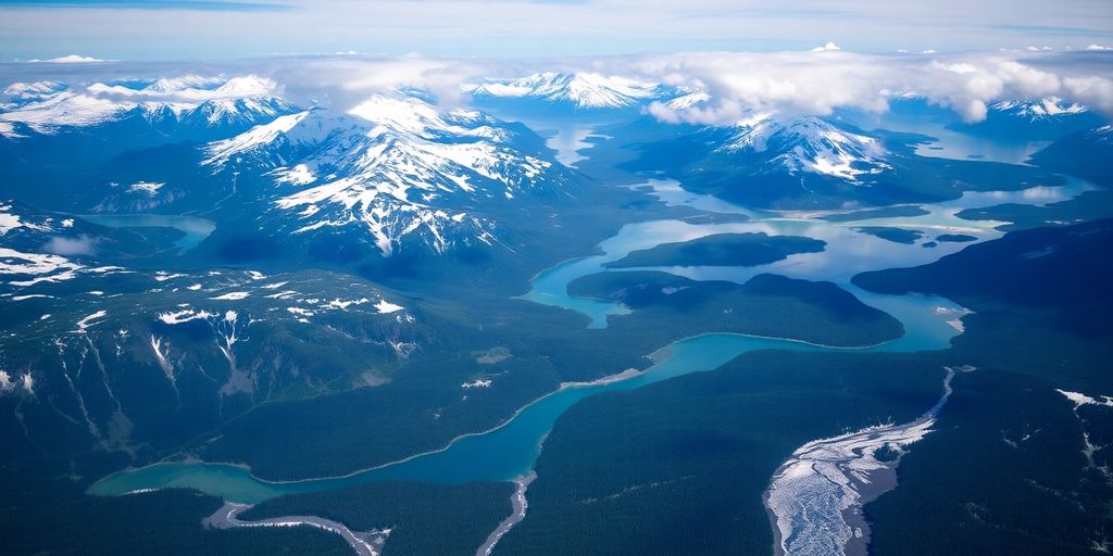 Aerial view of Alaska's diverse landscapes and weather.
