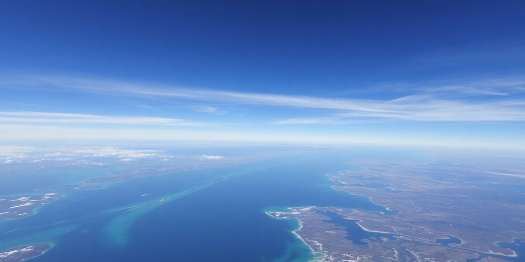 Aerial view of the Bering Strait between Alaska and Russia.