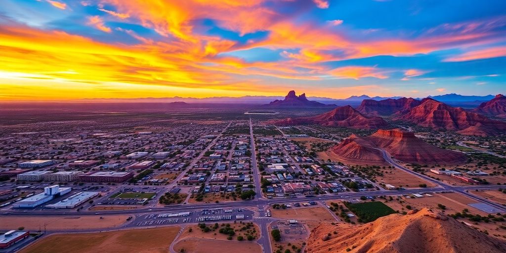 Aerial view of Arizona's landscapes during sunset.