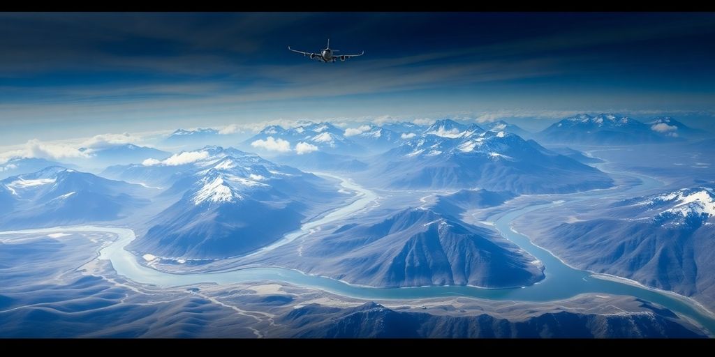 Aerial view of Alaskan wilderness with flying airplane.