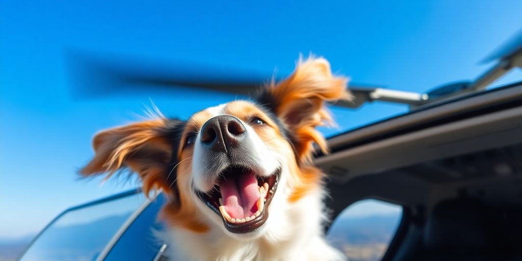 Happy dog flying in a helicopter against a blue sky.
