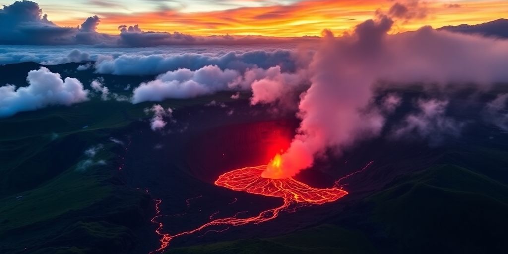 Aerial view of Kilauea Volcano with flowing lava.