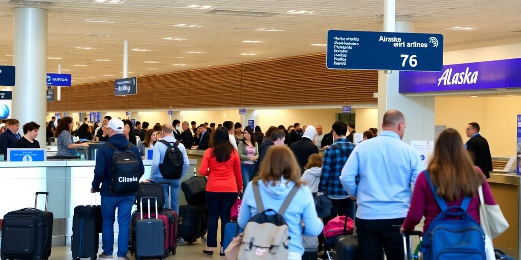 Alaska Airlines check-in area with passengers and luggage.