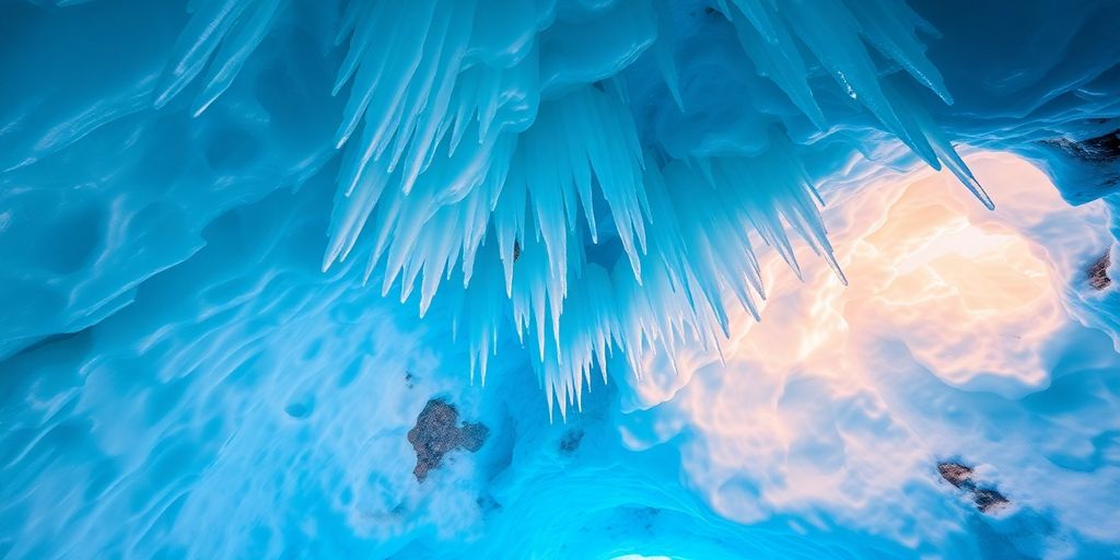 Frozen ice cave in Alaska with blue hues and formations.