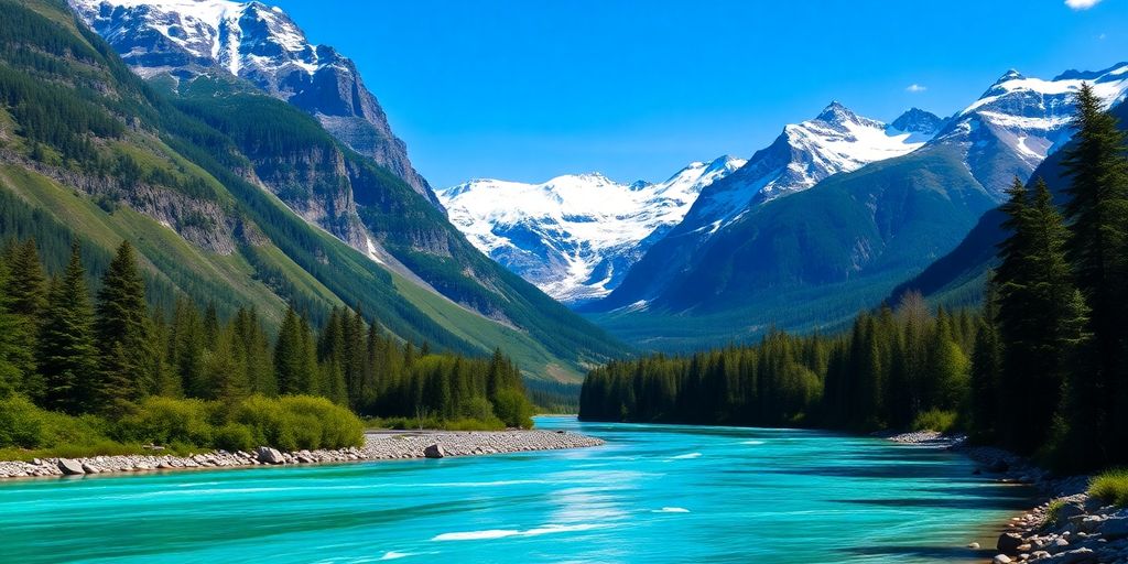 Knik River with mountains and blue sky in Alaska.