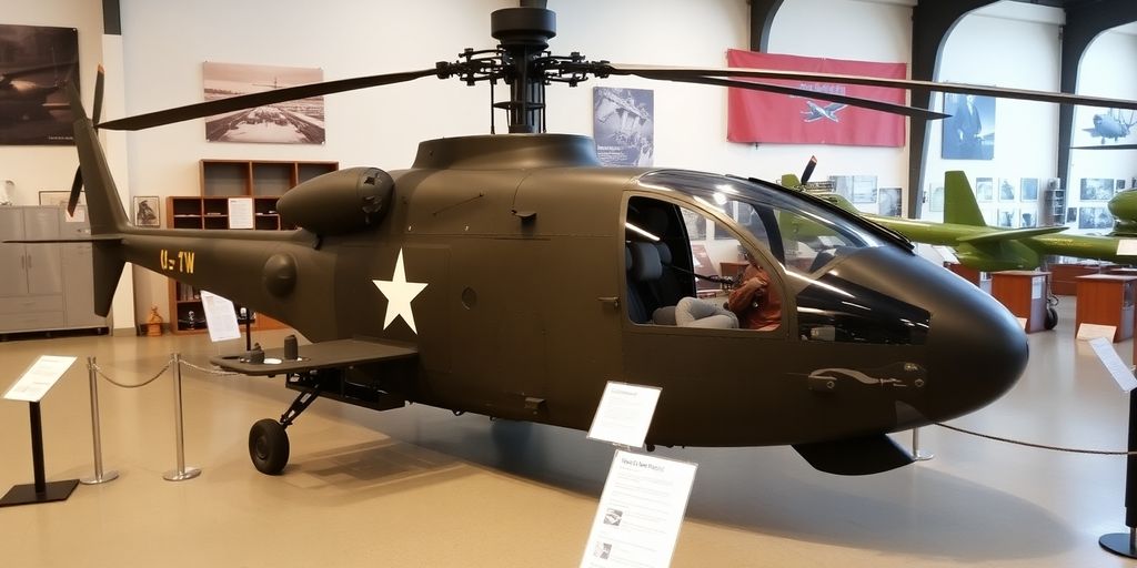 Kiowa helicopter on exhibit in a military museum.