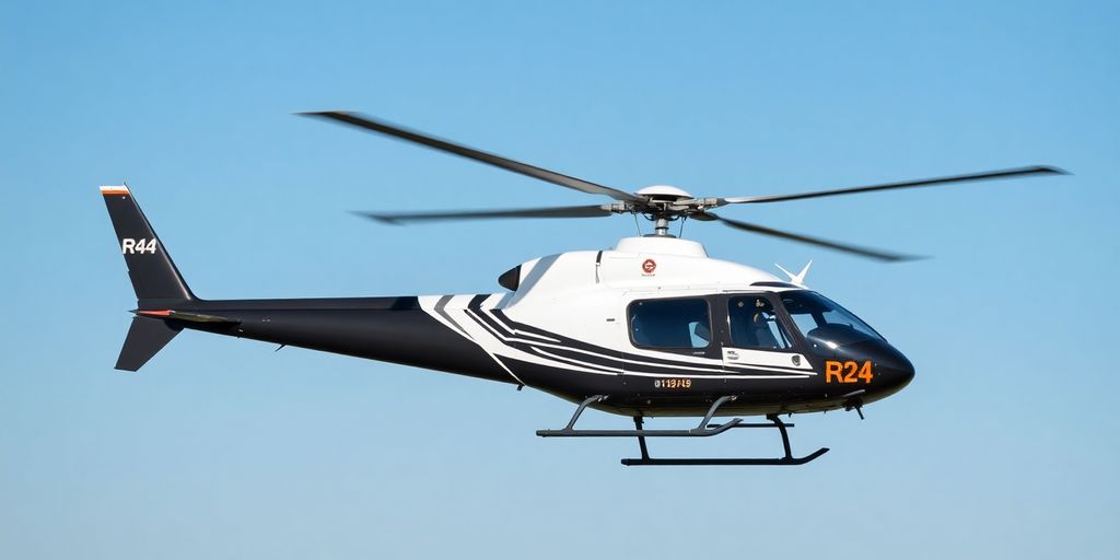 Helicopter R44 flying against a blue sky backdrop.