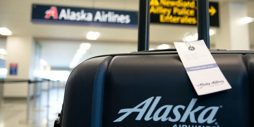 Suitcase with Alaska Airlines logo at airport boarding gate.