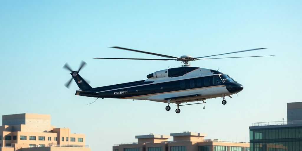 Presidential helicopter flying over a modern city skyline.