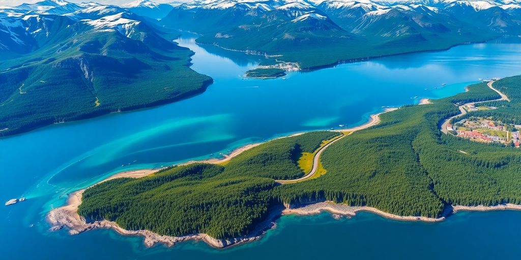 Aerial view of Alaska's stunning coast and mountains.