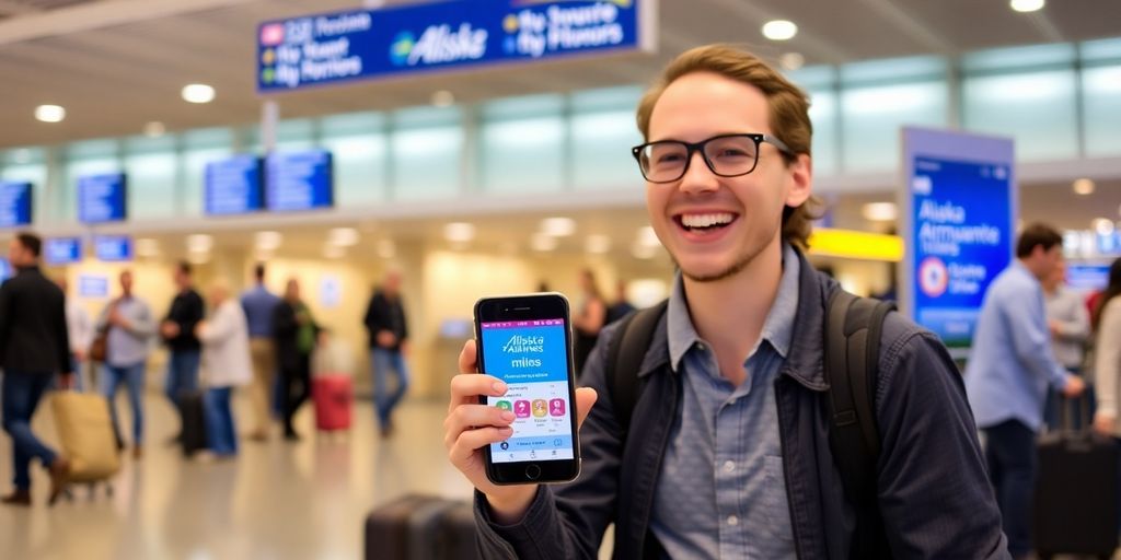 Happy traveler at airport with Alaska Airlines miles on phone.