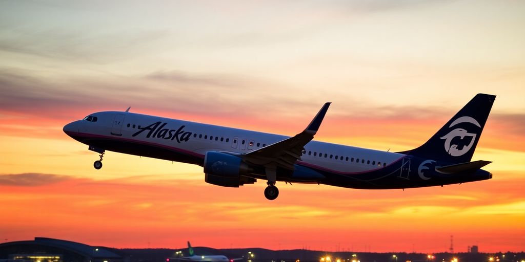 Alaska Airlines plane landing at sunset with vibrant skies.