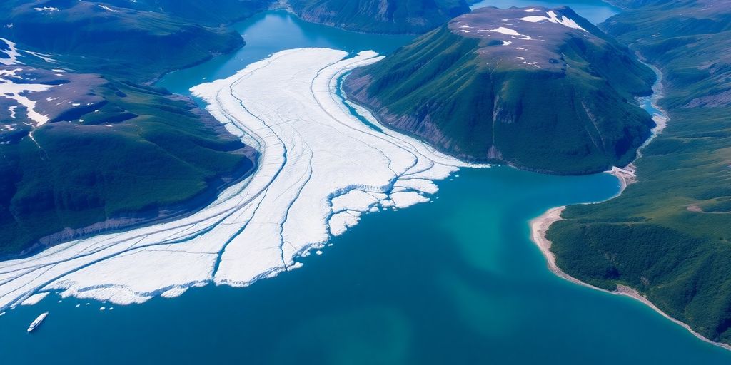 Aerial view of Glacier Bay with glaciers and mountains.