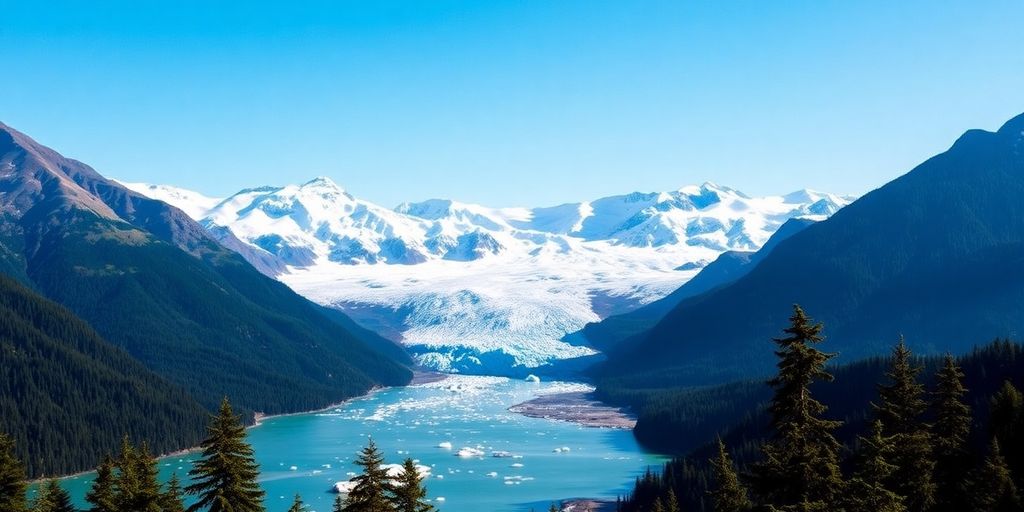 Glacier Mendenhall with floating icebergs and scenic mountains.