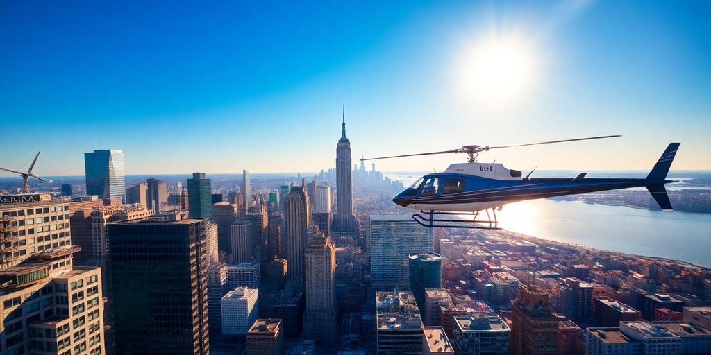 A helicopter flying over New York City skyline.