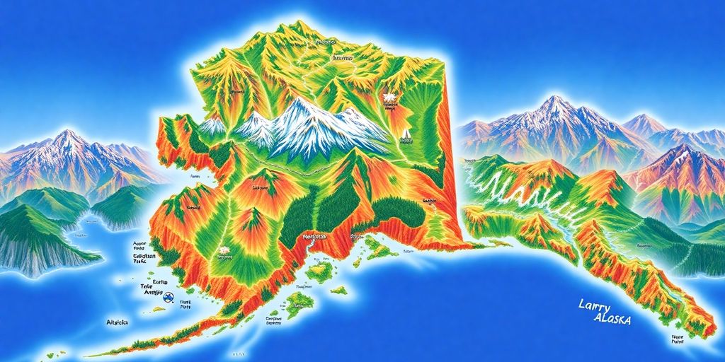 Photographic map of Alaska with natural landscapes and features.