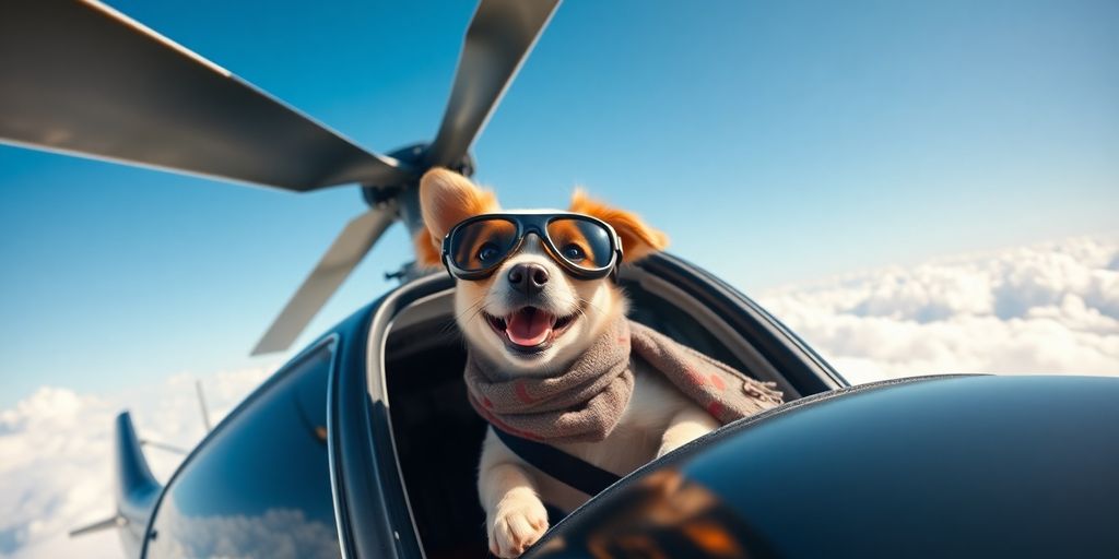 A dog in goggles flying in a helicopter above clouds.