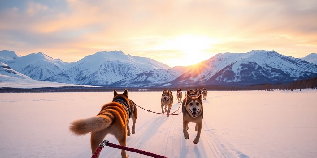 Dogs mushing through snow in Alaskan wilderness at sunset.