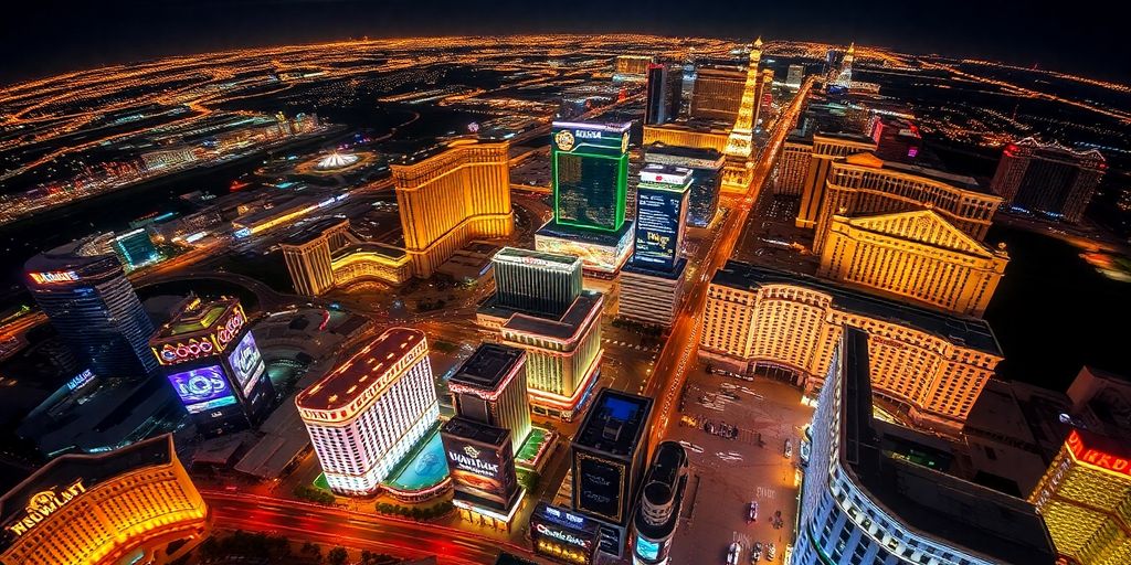 Aerial view of Las Vegas Strip at night from helicopter.
