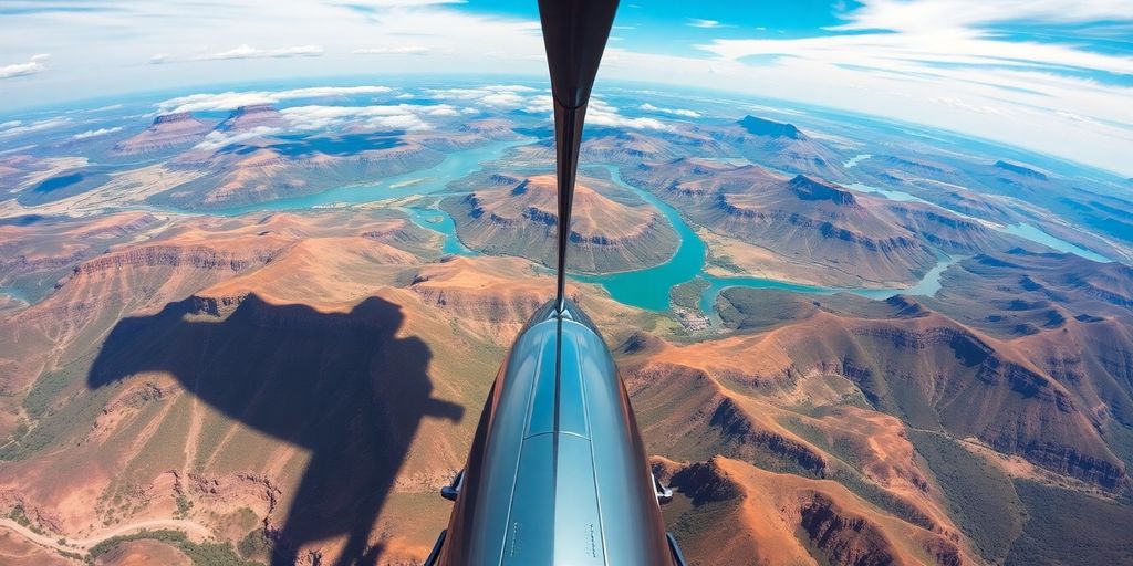 Helicopter flying over scenic landscape with blue skies.