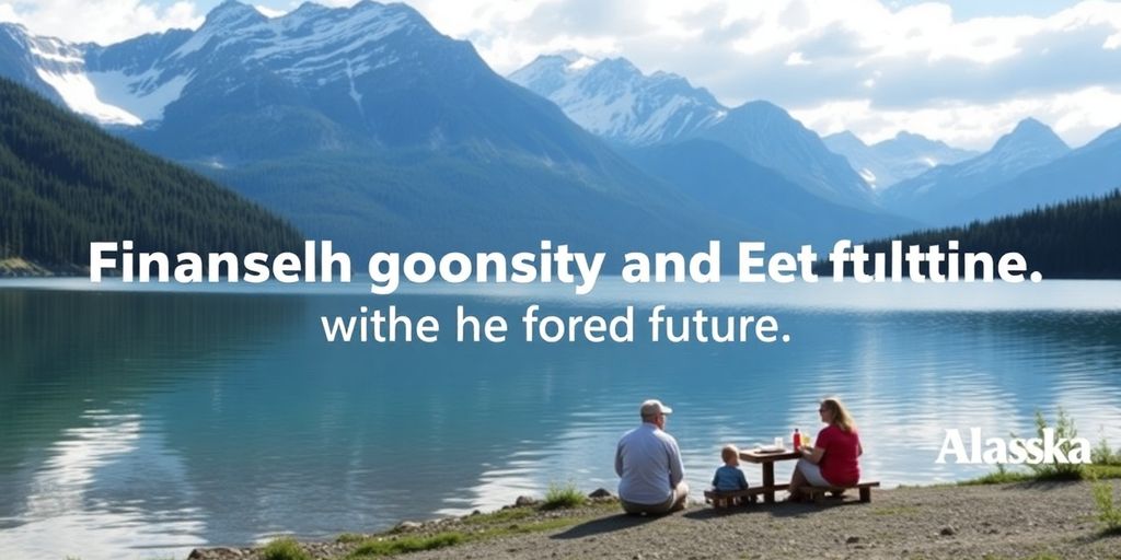 Scenic Alaska wilderness with a family by a lake.