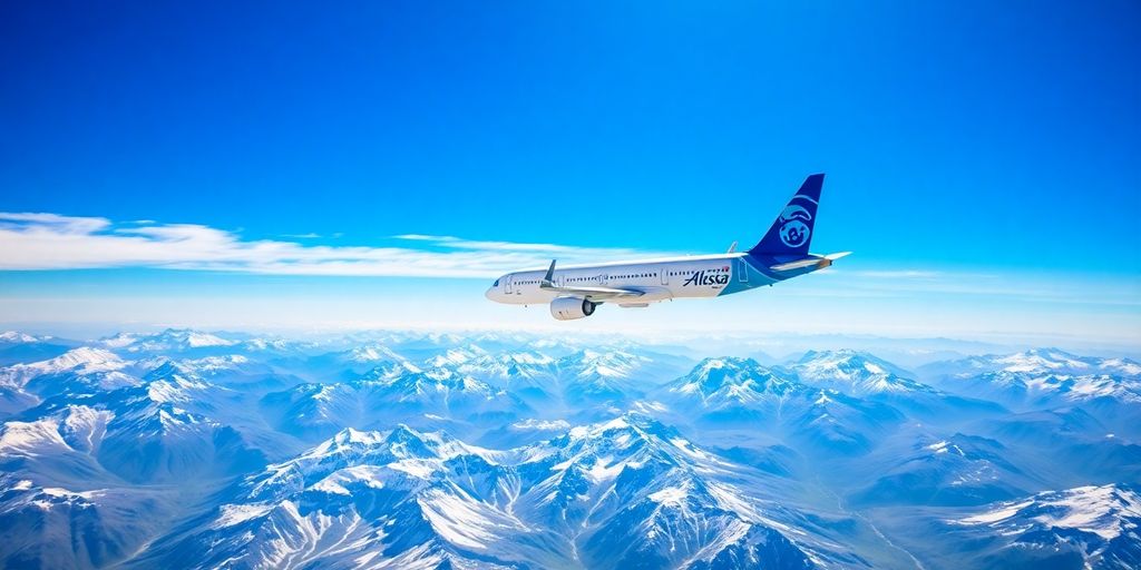Alaska Airlines plane flying over stunning mountain landscape.