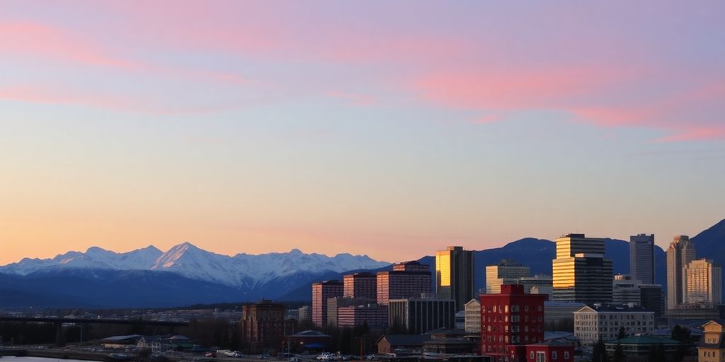 Sunset over Anchorage skyline with mountains in background.