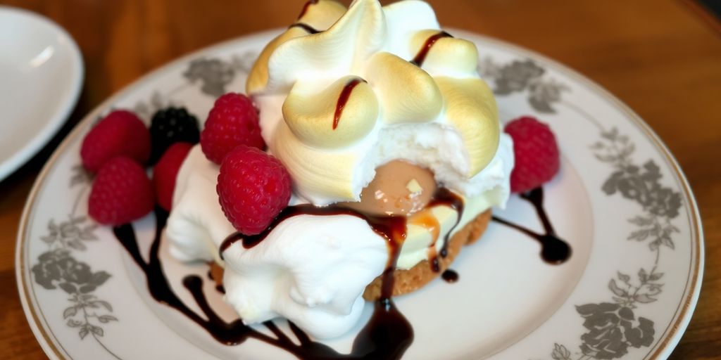 Delicious Baked Alaska with meringue, ice cream, and cake.