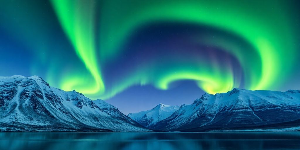 Vivid auroras above snowy mountains in Alaska at night.