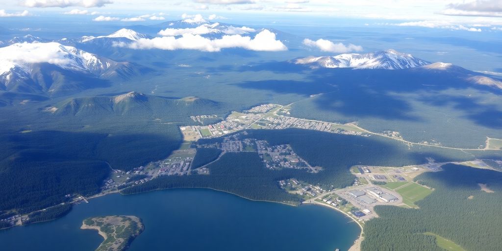 Aerial view of Alaska's scenic landscapes and communities.