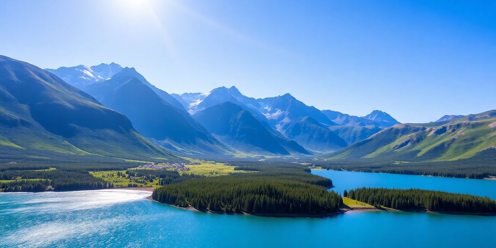 Scenic Alaska summer landscape with mountains and lakes.