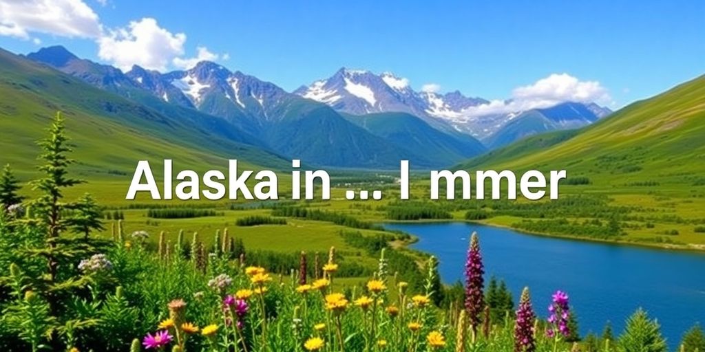 Lush Alaskan landscape in summer with mountains and flowers.