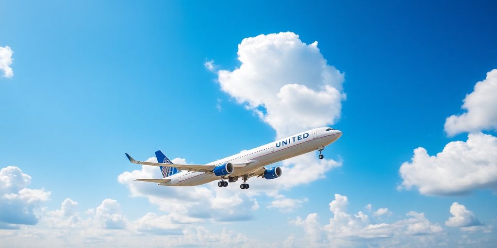 United Airlines plane landing at an airport during the day.