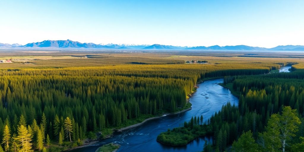 Scenic landscape of Fairbanks, Alaska with mountains and river.